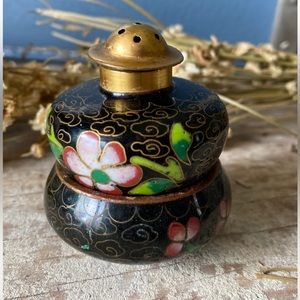 Vintage Cloisonné Print Salt & Pepper Set Chinese Glazed Pottery Shakers Cellar